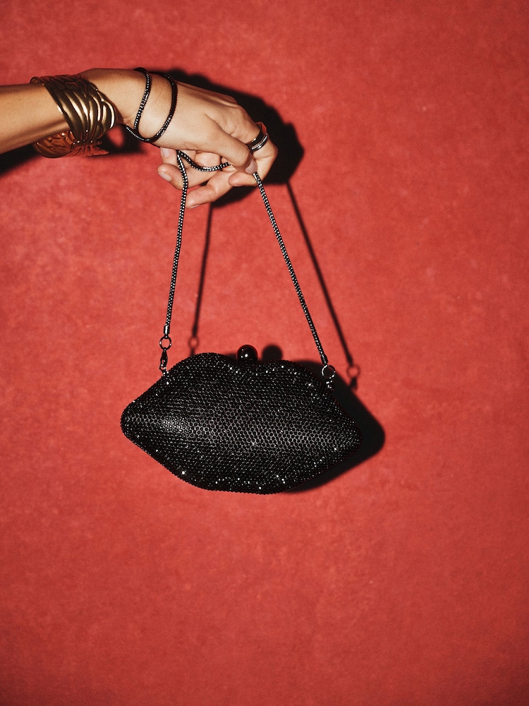 Rockett St George Black Sparkle Lips-Shaped Clutch - Image 4 of 4