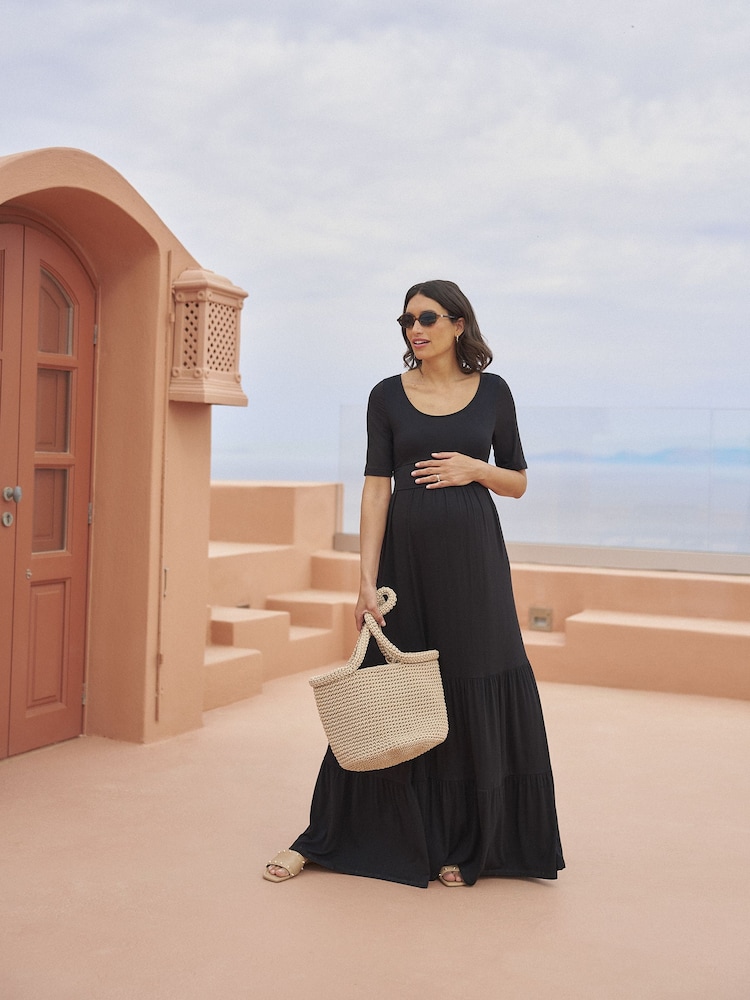 Seraphine Black Maternity Tiered Midi Dress with Nursing - Image 1 of 9