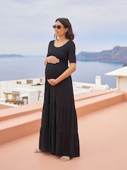 Seraphine Black Maternity Tiered Midi Dress with Nursing - Image 3 of 9