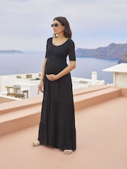 Seraphine Black Maternity Tiered Midi Dress with Nursing - Image 4 of 9