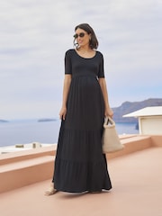 Seraphine Black Maternity Tiered Midi Dress with Nursing - Image 6 of 9