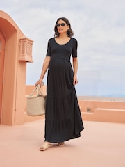 Seraphine Black Maternity Tiered Midi Dress with Nursing - Image 8 of 9
