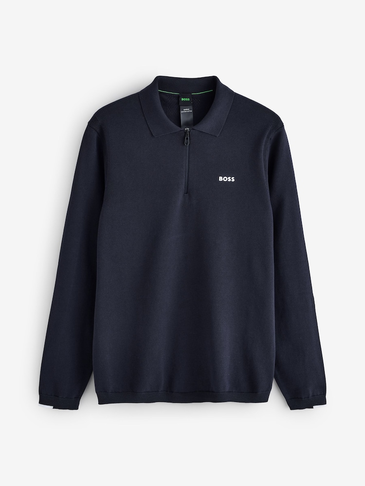 BOSS Navy Long Sleeve Regular Fit Ever Zip Neck Polo Shirt - Image 4 of 4 BOSS Navy Long Sleeve Regular Fit Ever Zip Neck Polo Shirt - Image 4 of 4