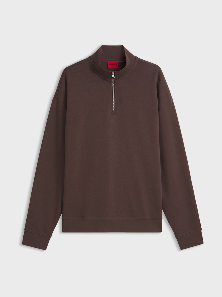 HUGO Brown Quarter Zip Tonal Logo Sweat Top - Image 1 of 1