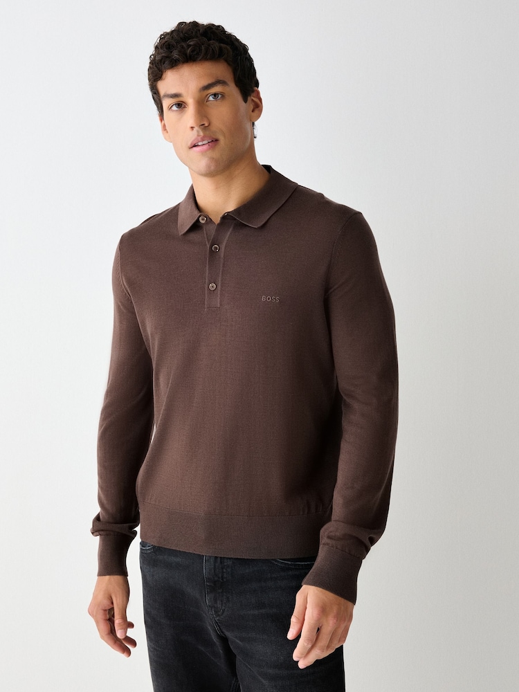 חום - BOSS Lancione Logo Knitted Polo Shirt - תמונה 1 מתוך 4 חום - BOSS Lancione Logo Knitted Polo Shirt - תמונה 1 מתוך 4