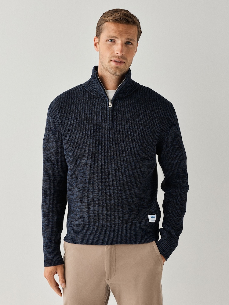 HUGO Navy Quarter Zip Logo Patch Jumper - Image 1 of 5