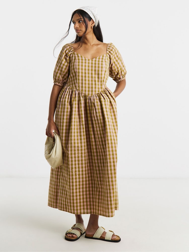 Simply Be Natural Gingham Seersucker Midi Dress - Image 1 of 4 Simply Be Natural Gingham Seersucker Midi Dress - Image 1 of 4