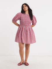 Simply Be Red Shirred Check Smock Dress - Image 1 of 4