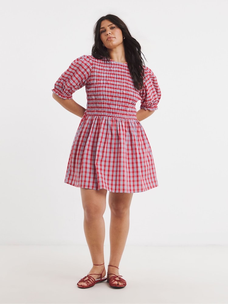 Simply Be Red Shirred Check Smock Dress - Image 1 of 4