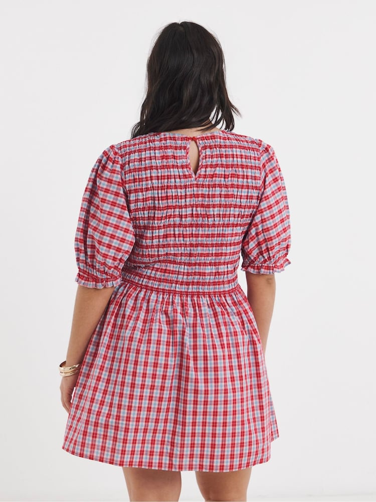 Simply Be Red Shirred Check Smock Dress - Image 2 of 4