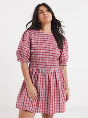 Simply Be Red Shirred Check Smock Dress - Image 3 of 4