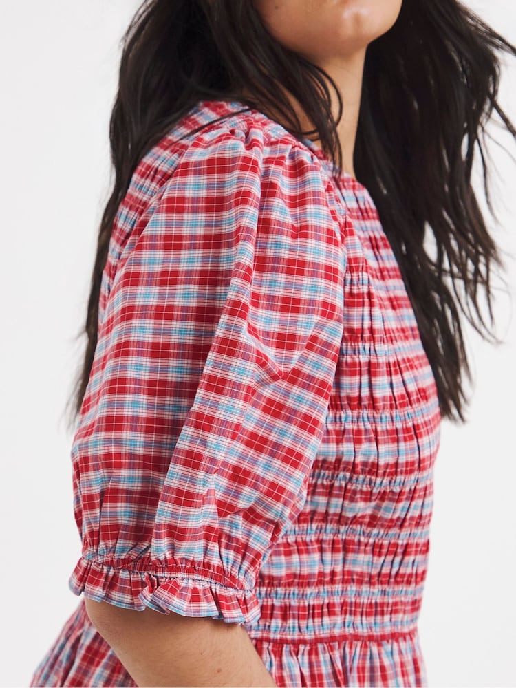 Simply Be Red Shirred Check Smock Dress - Image 4 of 4