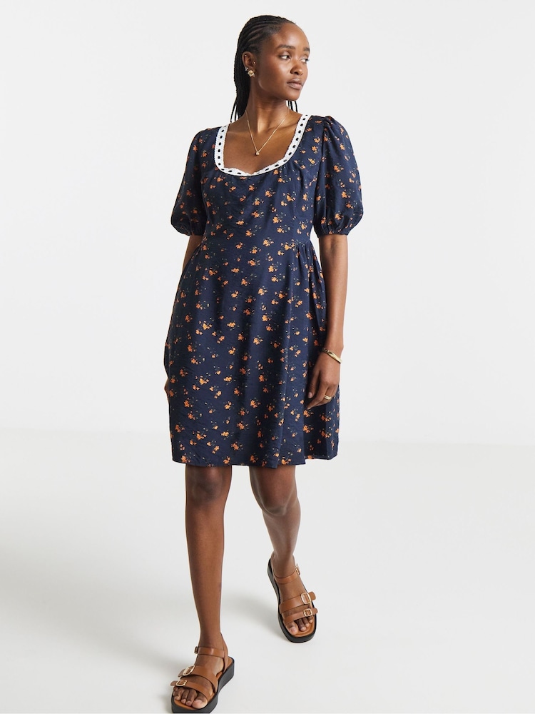 Simply Be Blue Waist Detail Skater Dress With Ribbon Trim - Image 1 of 4
