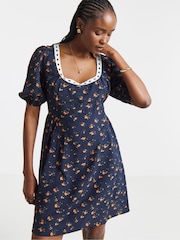 Simply Be Blue Waist Detail Skater Dress With Ribbon Trim - Image 3 of 4