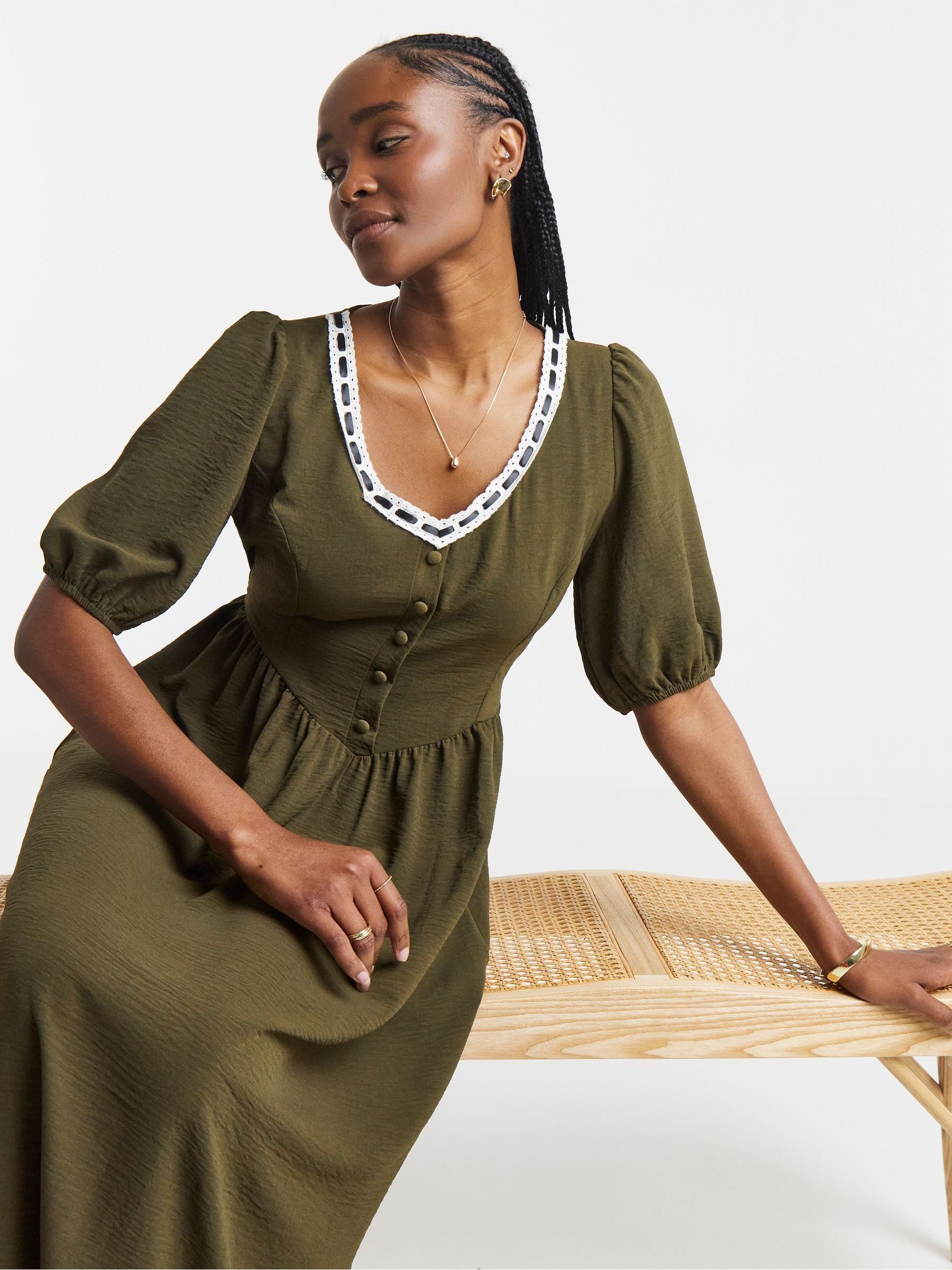 Buy Simply Be Green Historic Detail Midi Dress With Ribbon Trim