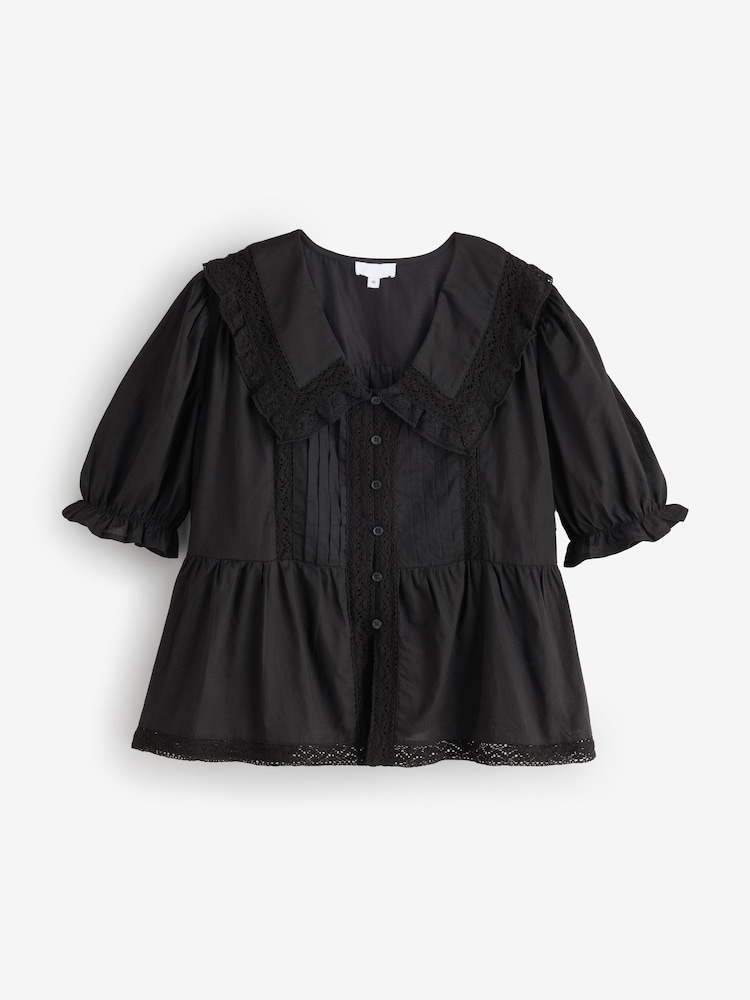 Simply Be Black V-Neck Prairie Collar Blouse - Image 1 of 1 Simply Be Black V-Neck Prairie Collar Blouse - Image 1 of 1