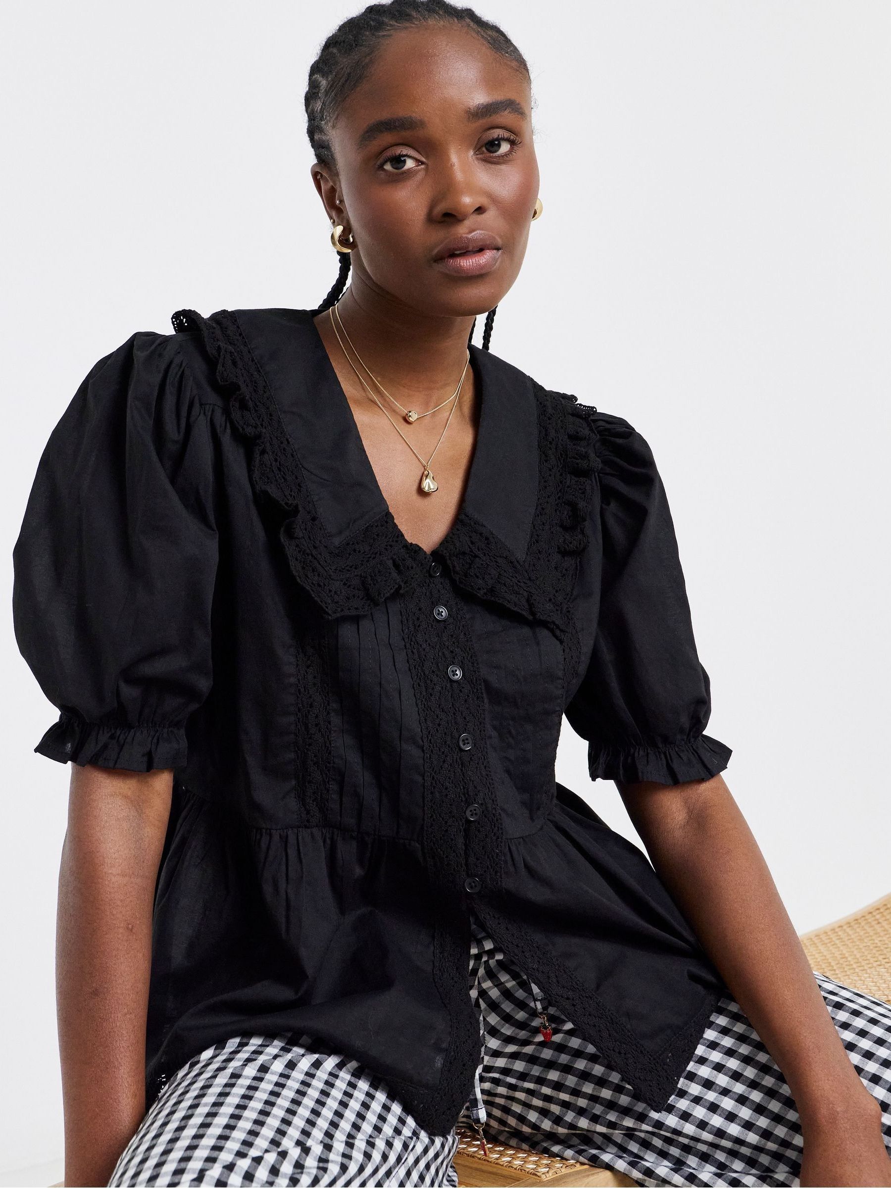 Buy Simply Be Black V-Neck Prairie Collar Blouse from Next USA
