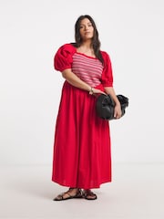 Simply Be Red Puff Sleeve Linen Shirred Midi Dress - Image 1 of 4