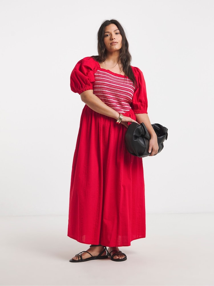Simply Be Red Puff Sleeve Linen Shirred Midi Dress - Image 1 of 4