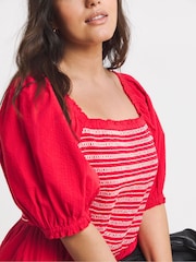 Simply Be Red Puff Sleeve Linen Shirred Midi Dress - Image 3 of 4