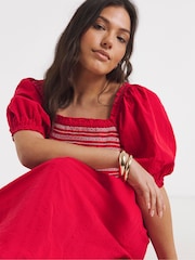 Simply Be Red Puff Sleeve Linen Shirred Midi Dress - Image 4 of 4