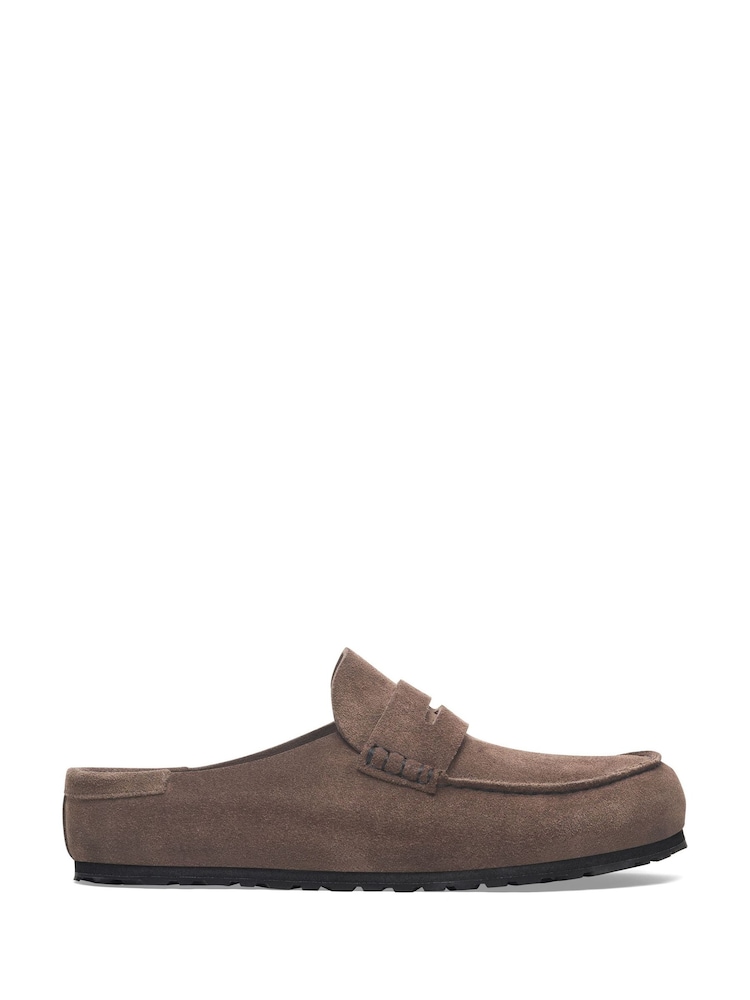 Birkenstock Concrete Grey Naples Suede Backless Loafers - Image 1 of 3 Birkenstock Concrete Grey Naples Suede Backless Loafers - Image 1 of 3