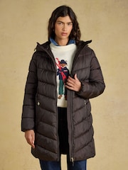 Joules Moorsdale Chocolate Brown Mid Length Showerproof Padded Coat with Hood - Image 6 of 9
