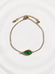 Gold Tone Waterproof Stainless Steel Green Stone Pully Bracelet - Image 1 of 3
