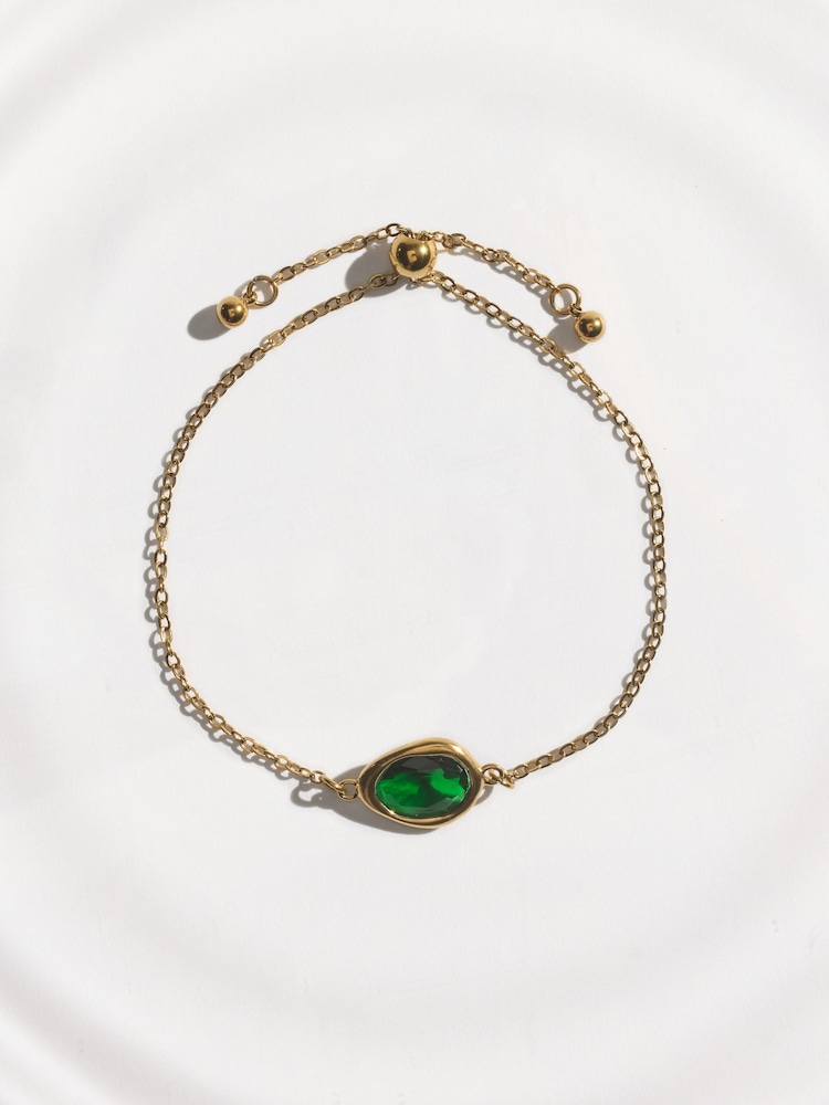 Gold Tone Waterproof Stainless Steel Green Stone Pully Bracelet - Image 1 of 3