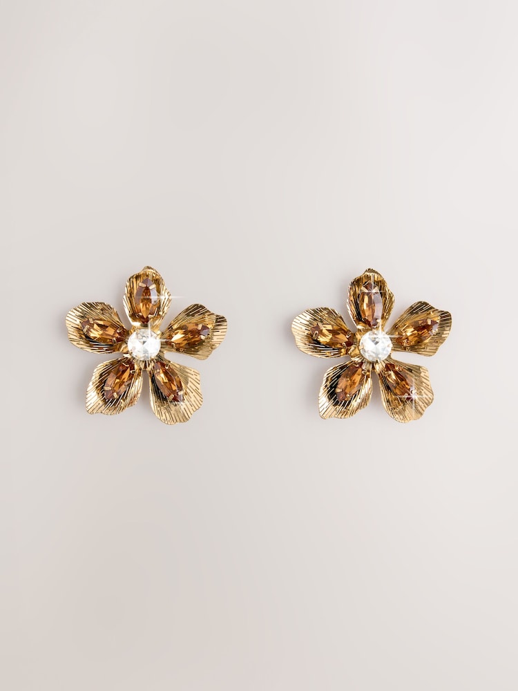 Gold Tone Flower Sparkle Stud Earrings - Image 1 of 7