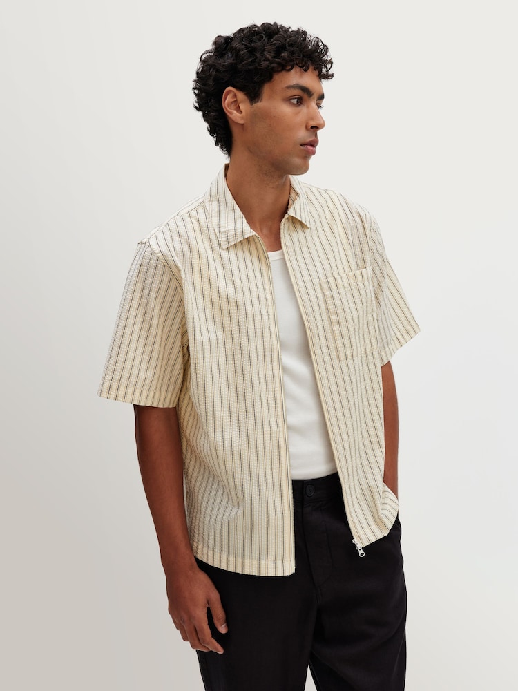 Wax London Natural Sears Seersucker Stripe Zip Short Sleeve Shirt - Image 1 of 9 Wax London Natural Sears Seersucker Stripe Zip Short Sleeve Shirt - Image 1 of 9