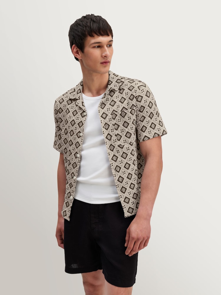 Wax London Natural Didcot Cotton Tile Print Short Sleeve Shirt - Image 1 of 9 Wax London Natural Didcot Cotton Tile Print Short Sleeve Shirt - Image 1 of 9