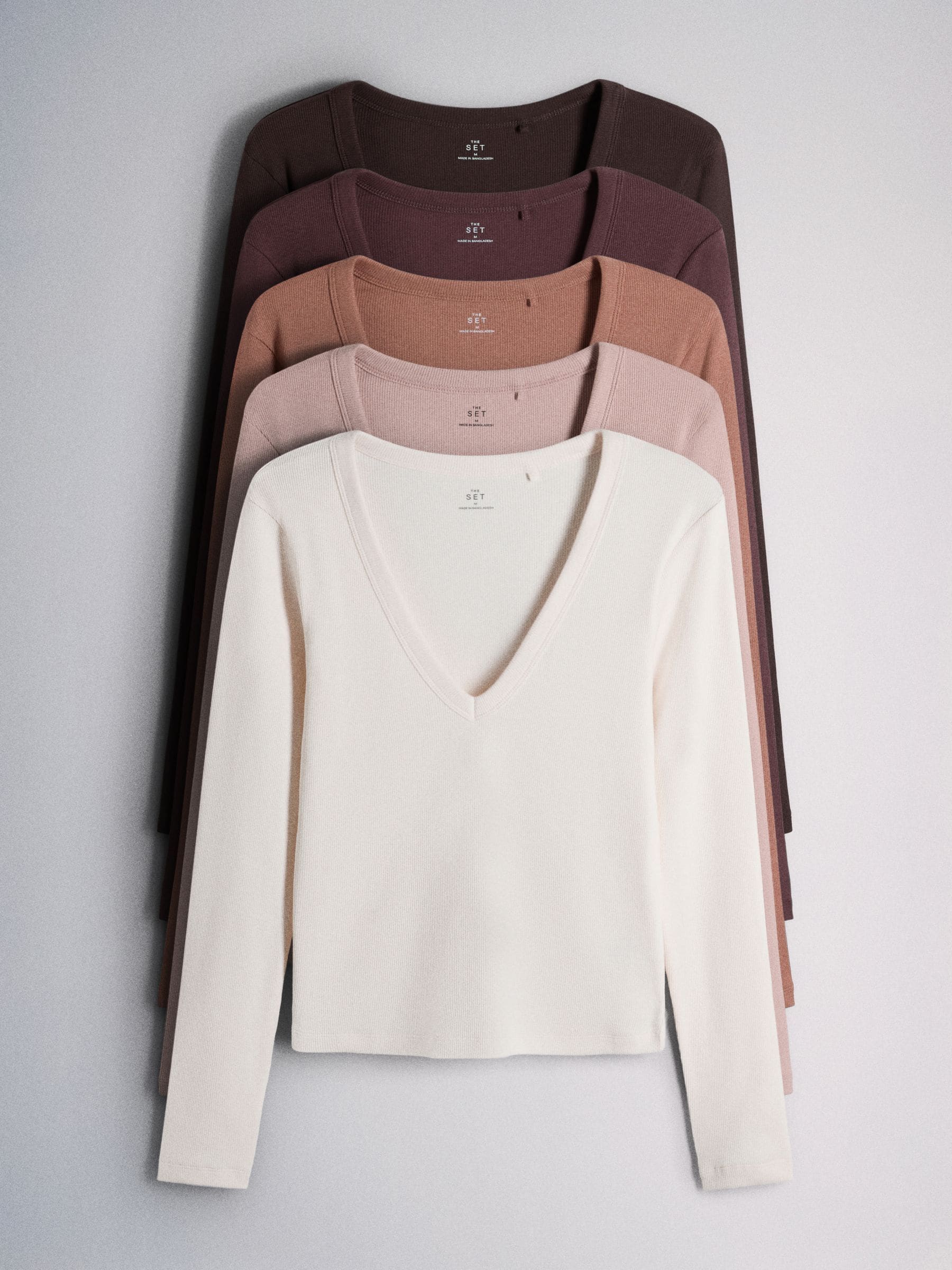 The Set 5 Pack V-Neck Ribbed Long Sleeve T-Shirts - Brown/Pink/Purple/Clay/Taupe - Regular - SIP Still Life