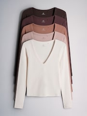 The Set 5 Pack V-Neck Ribbed Long Sleeve T-Shirts Brown/Pink/Purple/Clay/Taupe - Image 1 of 8