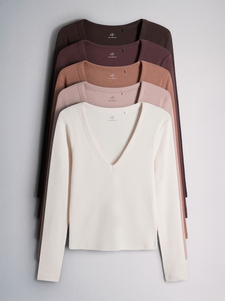 The Set 5 Pack V-Neck Ribbed Long Sleeve T-Shirts Brown/Pink/Purple/Clay/Taupe - Image 1 of 8 The Set 5 Pack V-Neck Ribbed Long Sleeve T-Shirts Brown/Pink/Purple/Clay/Taupe - Image 1 of 8