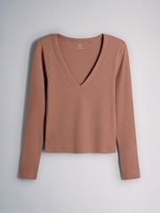 The Set 5 Pack V-Neck Ribbed Long Sleeve T-Shirts Brown/Pink/Purple/Clay/Taupe - Image 4 of 8