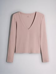 The Set 5 Pack V-Neck Ribbed Long Sleeve T-Shirts Brown/Pink/Purple/Clay/Taupe - Image 5 of 8