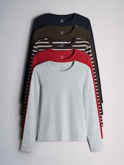 The Set 5 Pack Ribbed Long Sleeve T-Shirts Khaki/Navy/Stripe/Red/Grey - Image 1 of 8