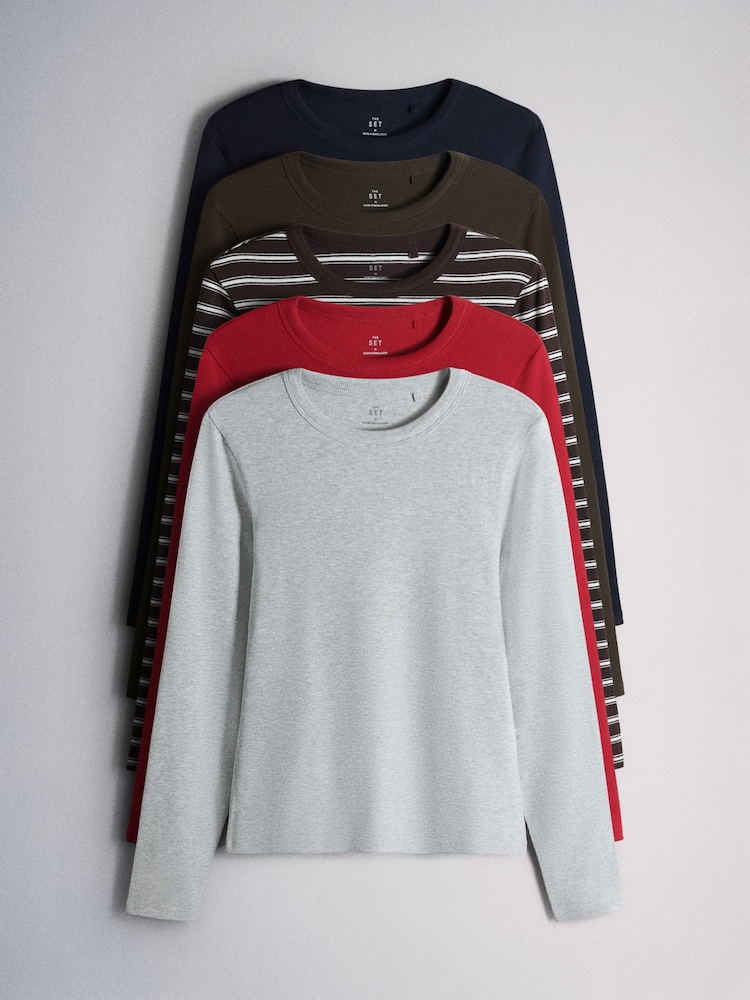 The Set 5 Pack Ribbed Long Sleeve T-Shirts Khaki/Navy/Stripe/Red/Grey - Image 1 of 8