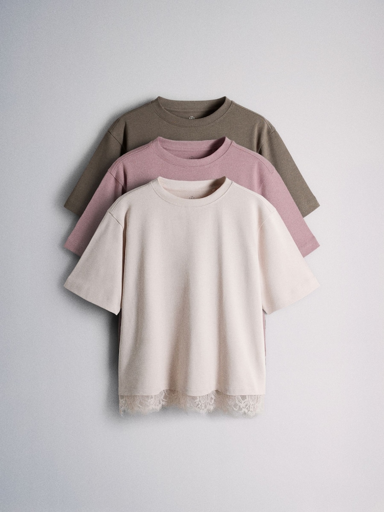 Buy The Set 3 Pack Lace Trim Heavyweight T-Shirts Pink/Taupe Brown from ...