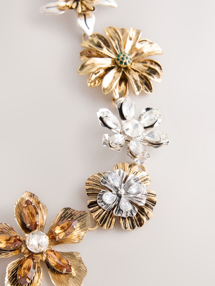 Gold Tone Flower Sparkle Statement Necklace - Image 2 of 3
