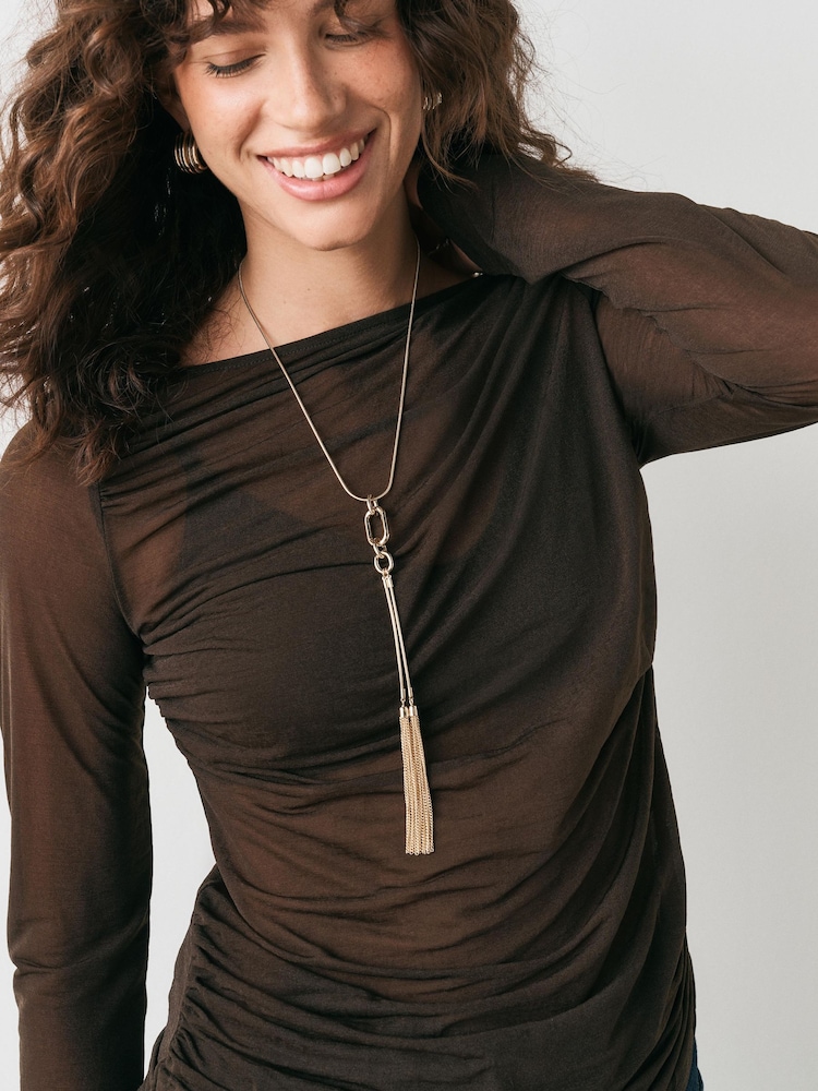 Gold Tone Long Tassel Necklace - Image 1 of 2 Gold Tone Long Tassel Necklace - Image 1 of 2