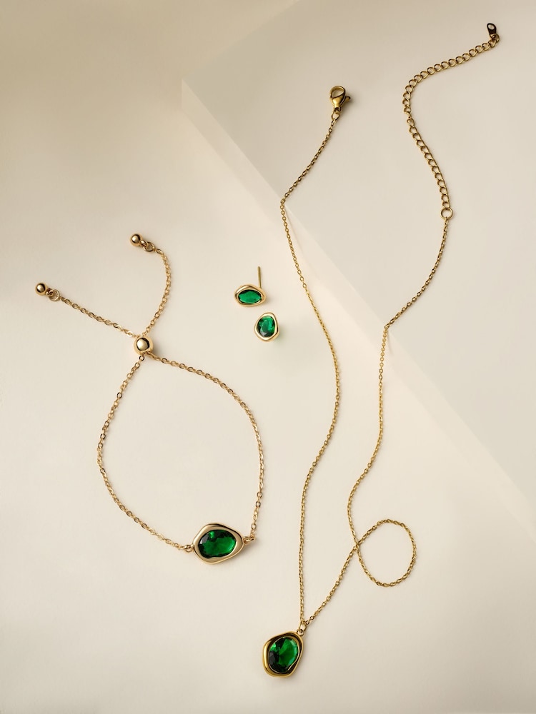 Gold Tone Waterproof Stainless Steel Green Stone Necklace - Image 1 of 1