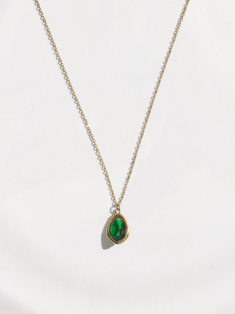 Gold Tone Waterproof Stainless Steel Green Stone Necklace - Image 2 of 4