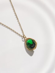 Gold Tone Waterproof Stainless Steel Green Stone Necklace - Image 3 of 4