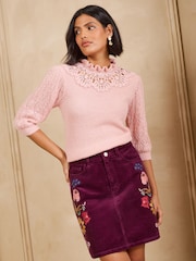 Love & Roses Burgundy Red Floral Embroidered Cord Mini Skirt - Image 4 of 5