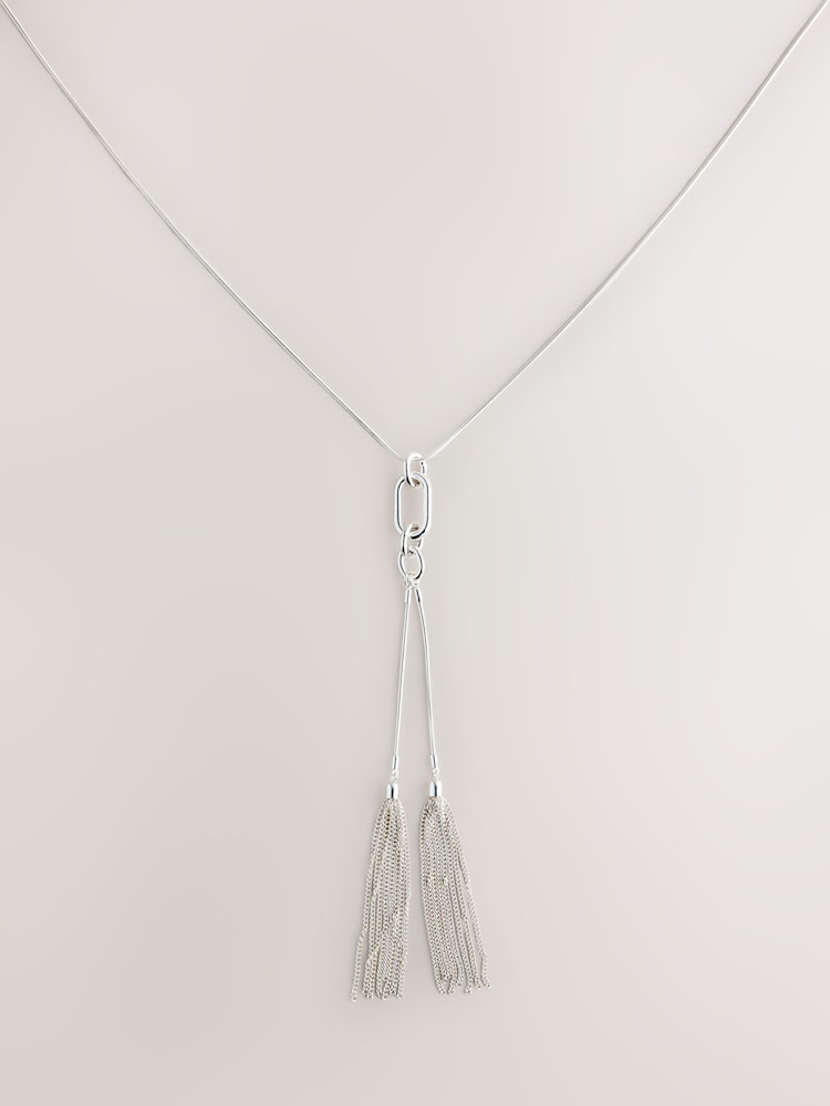 Silver Tone Long Tassel Necklace - Image 1 of 3 Silver Tone Long Tassel Necklace - Image 1 of 3