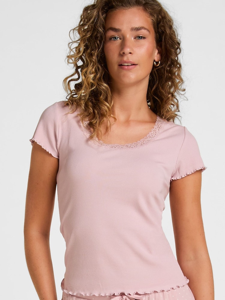 Hunkemoller Pink Jersey Rib Pyjama Top - Image 1 of 5 Hunkemoller Pink Jersey Rib Pyjama Top - Image 1 of 5