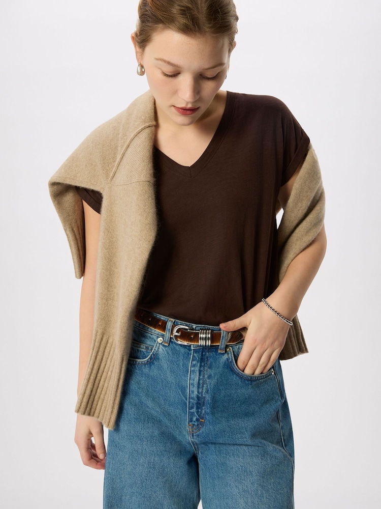 Whistles Brown Willa V-Neck Cap Sleeve T-Shirt - Image 1 of 5