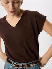 Whistles Brown Willa V-Neck Cap Sleeve T-Shirt - Image 3 of 5